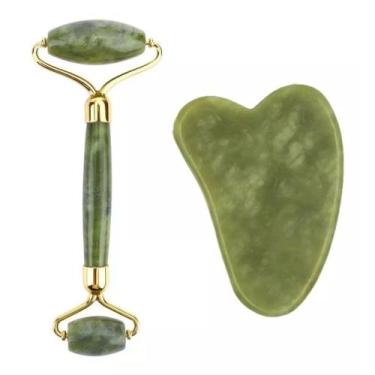 Imagem de Kit Rolo Massageador Pedra Jade + Gua Sha Pedra Mey Brasil