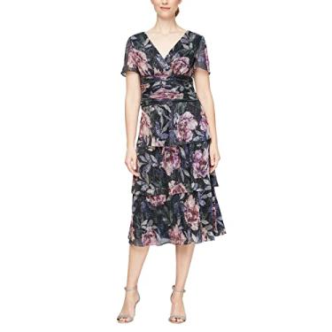 Imagem de S.L. Fashions Vestido feminino midi de manga curta com decote em V e cintura franzida, vestido de convidada de casamento (tamanho pequeno e regular), Floral preto, 50