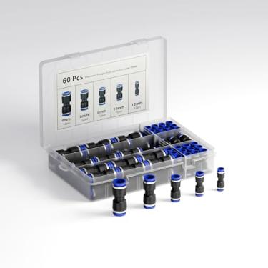 Imagem de DMTVAL Kit de acessórios Union Straight Push-to-Connect, OD 4, 6, 8, 10, 12 mm, 12 peças por tamanho, total de 60 peças, para sistemas de tubulação de ar pneumático