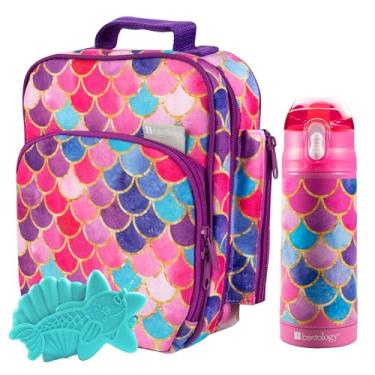 Imagem de Bentology Conjunto de lancheira infantil com garrafa de água reutilizável e bolsa de gelo duro combinando - Sereia rosa roxa - bolsa térmica isolada de aço inoxidável, bolsa de gelo rígido - Kits de