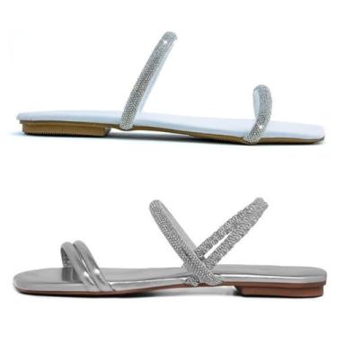 Imagem de Novo Hábito, Kit 2 Rasteirinhas Tira Dupla Femininas & Sandália Holográfica Cor:Branco e Prata;Tamanho:35