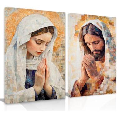 Imagem de Kit 2 Quadros Decorativos Canvas 60x90 cm, Jesus e Maria, Arte Para Quarto, Sala, Corredor
