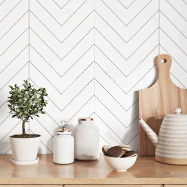 Imagem de Wallderful Papel de Parede Moderno Preto e Branco Geométrico Espinha de Peixe, Autoadesivo, Removível, Água-Proof, 45 x 299 cm, 1,300 m²