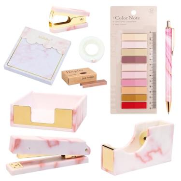Imagem de Conjunto organizador de acessórios de mesa de mármore rosa, removedor de grampeadores, dispensador de fita, suporte de bloco de notas, tesoura, caneta esferográfica, clipes de fichário, notas adesivas