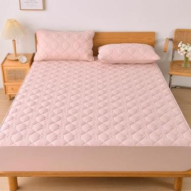 Imagem de Protetor de colchão para colchão espesso à prova de poeira, macio, respirável, antiderrapante, lençol de elástico de cor sólida para cama de quarto - rosa | solteiro: 89 x 200 cm (3 peças)