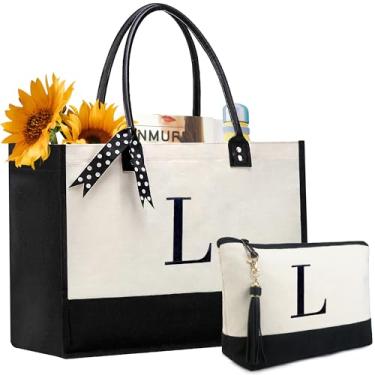 Imagem de BeeGreen Sacolas de lona iniciais personalizadas para presente de aniversário para mulheres, Branco e preto., Large, L liso