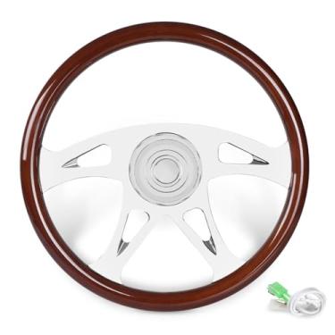 Imagem de RASTP Volante de Caminhão de Madeira de 18", Volante de Madeira Clássico de Alumínio de 4 Raios para Kenworth, Peterbilt, Volvo, Freightliner (Estilo B)