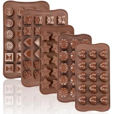 Imagem de JOERSH 5 moldes de silicone de chocolate para doces, bombas de gordura, lanches e trufas, 9 formas 93 cavidades vela sabão cera derrete molde (quadrado, redondo, coração, estrela, formas de flores)