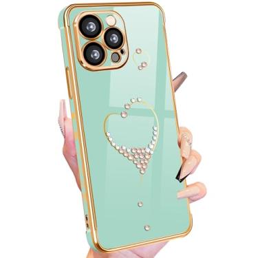 Imagem de Petitian Capa para iPhone 14 Pro Max, capas de telefone lindas para mulheres e meninas com coração brilhante para iPhone 14 Pro Max, capa de telefone feminina banhada a ouro para 14 Pro Max com protetor de câmera verde menta