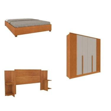 Imagem de Quarto Casal Guarda-Roupa 6 portas Ripado Nova York e Cama Box Queen Mônaco com Cabeceira Ajustável Cinamomo/Off White