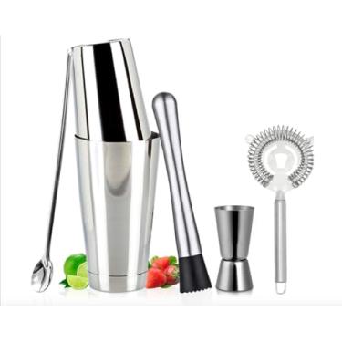 Imagem de Kit Coqueteleira Tipo Boston Premium 5 Itens Dosador Colher Socador Coador Strainer Inox Bartender Caipirinha Drinks