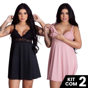 Imagem de Kit 2 Camisolas de Amamentação Renda Fecho Prático Pós Parto Gestante 