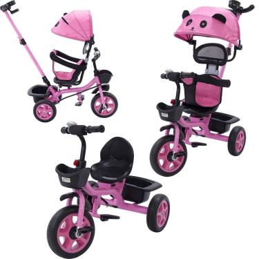 Imagem de Triciclo Carrinho de Passeio Infantil com Capota Porta Objetos Cinto de Segurança até 50kg Empurrador Cestos e Rodas de EVA