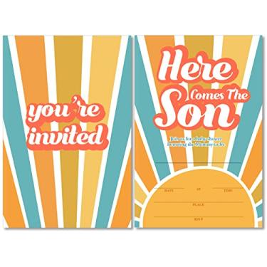 Imagem de Conjunto de 20 convites de festa de chá de bebê retrô Sunshine com envelopes amarelos Here Come the Son Sunshine Baby Shower Party Convites