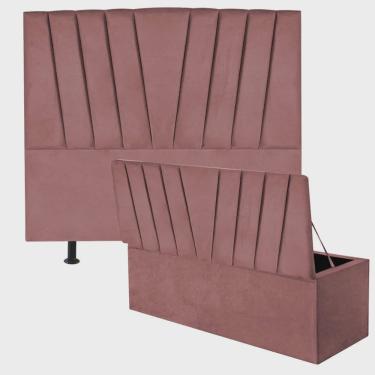 Imagem de Kit Cabeceira Estofada e Calçadeira Baú Recamier Bélgica 160cm Queen Size Suede Rose Go...