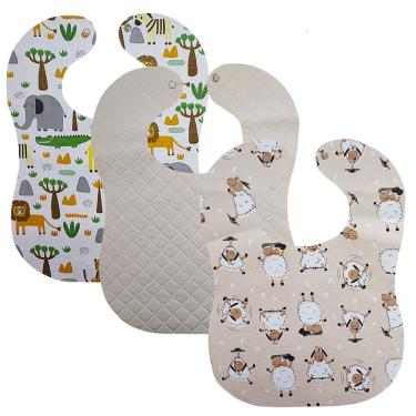 Imagem de Babador Impermeavel Bebe Kit 3 25x34cm Estampas Divertidas Botão Pressão Menino Menina