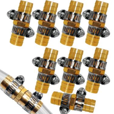Imagem de Fitvell Kit de reparo de mangueira de jardim de 9,5 mm de 8 peças, kit de reparo de mangueira de água de latão, conector emenda com 16 peças de grampo inoxidável