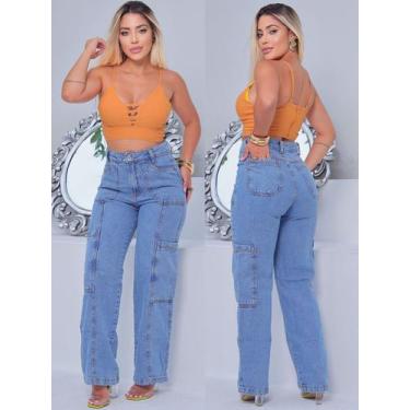 Imagem de Calça Cargo Jeans Feminina Wide Leg - KCG STORE, Lavagem média, 42