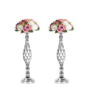 Imagem de 2 peças de castiçais metálicos prateados para mesa de chumbo para mesa central de mesa de centro de mesa para candelabro de casamento, vasos de flores