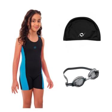 Imagem de Kit Maiô Perninha Infantil Juvenil Óculos UV Touca Tecido Infantil (Preto/Turquesa - Touca Preto, 10)