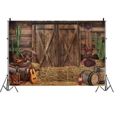 Imagem de Laeacco Pano de fundo rústico antigo de madeira para porta de celeiro, vintage, caubói ocidental, cacto, barril de vinho, palheiro, música, aniversário, decoração de festa de aniversário, adereços de