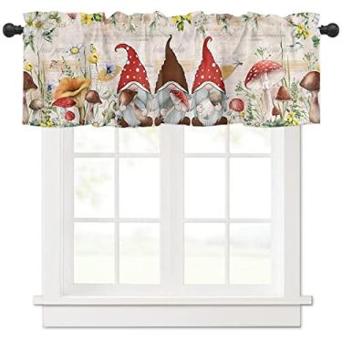 Imagem de Cortinas de sanefa para janela de cozinha, gnomos, margarida, bolso de haste, cortinas, topos, cogumelo, primavera, folhas verdes, sanefas curtas retrô para cozinha, quarto, sala de estar, 107 x 30 cm