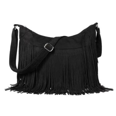 Imagem de Bolsa Hobo Sunwel Fashion Fringe Vegan Suede Tassel feminina preta
