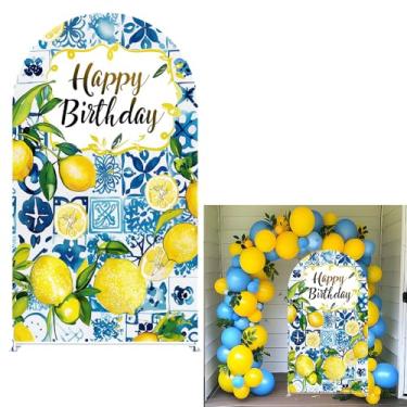 Imagem de Uoimystify Happy Birthday Capa de arco de elastano floral limão azul e amarelo pano de fundo elástico para decoração de festa de aniversário, perfeito para eventos de cabine de fotos (1,8 x 0,8 m, GX