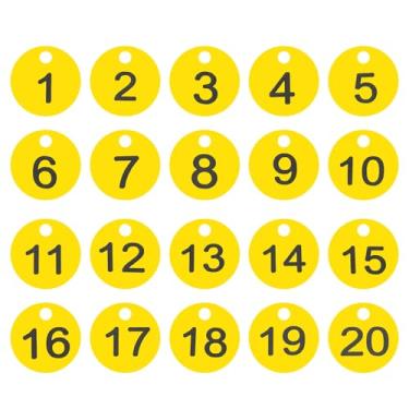 Imagem de PATIKIL 1-20 etiquetas numeradas de plástico redondo numerado identificação identificação chave pendurar etiqueta para chaveiro de dormitório caixa de armário de academia, amarelo com texto preto