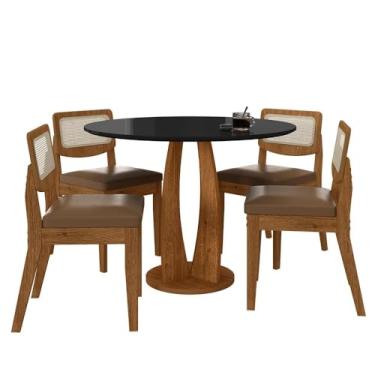 Imagem de Mesa Redonda Camogli 4 Cadeiras Sextavadas Freijó/pto/c.caramelo - M.a Freijó/preto/corino Caramelo