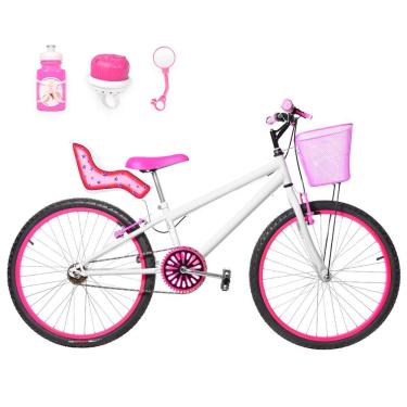 Imagem de Bicicleta Feminina Aro 24 Alumínio Colorido + Kit Passeio E Cadeirinha Cor Branca E Pink