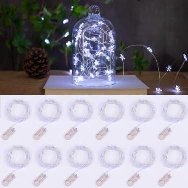 Imagem de ZELUXDOT 12 pacotes de 2 metros, 20 LEDs, luzes de fadas, operadas por pilha, luzes de corda de estrela prateada, luz estrelada à prova d'água para mesa de garrafa, casamento, Halloween, decoração de
