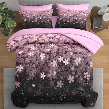 Imagem de Pamnest Jogo de lençol solteiro, com estampa de flor de cerejeira rosa, 5 peças, para crianças e adultos, lençol com elástico, fronha e lençol com elástico, para decoração de quarto