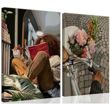 Imagem de ouiytws Conjunto de 2 arte de parede de mulher negra - Impressões estéticas afrocêntricas de leitura e ciclismo - decoração moderna boho para sala de estar, quarto, escritório - sem moldura (30 x 40