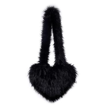 Imagem de Bolsa de ombro feminina de pele sintética bolsa de amor de lã em forma de coração Y2k bolsa transversal chique bolsa de ombro, Grande, preto