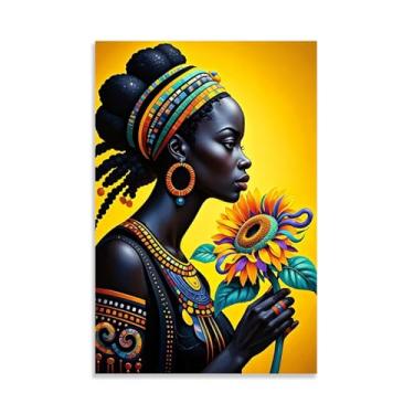 Imagem de Retrato de Mulher Negra Abstrato Colorido Girassol Impressão Arte de Parede Preto e Dourado Quadro Emoldurado Menina Decoração Escritório Casa Quarto 30 x 20 cm (12 x 8 pol) Pôster