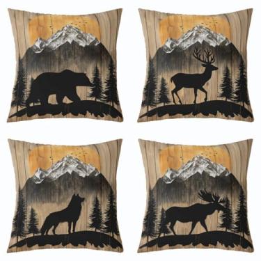 Imagem de Feelyou Capas de almofada vintage urso 45,72 cm x 45,72 cm conjunto de 4 capas macias para crianças, meninos, meninas, cabana, veado, caça, fronhas, fazenda, lobo, alce, animal selvagem, madeira