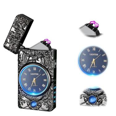 Imagem de Isqueiro elétrico portátil de plasma, recarregável por USB à prova de vento, com iluminação LED e mostrador elegante, conveniente para transporte diário, adequado para dar de presente (Dragão-preto)