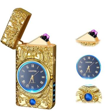 Imagem de Isqueiro elétrico portátil de plasma, recarregável por USB à prova de vento, com iluminação LED e mostrador elegante, conveniente para transporte diário, adequado para dar de presente (ouro dragão)