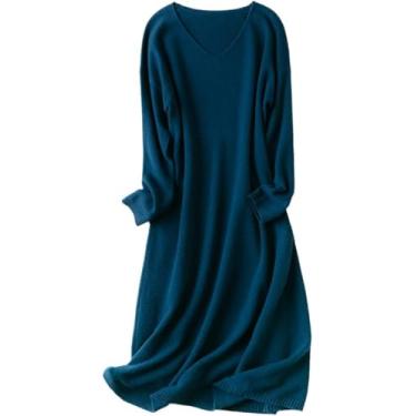 Imagem de Mulheres 100% Cashmere Vestido Outono Inverno Nova Malha V-neck Plus Size Pullover Cintura Alta Suéter De Lã, Cymbidium, XXL