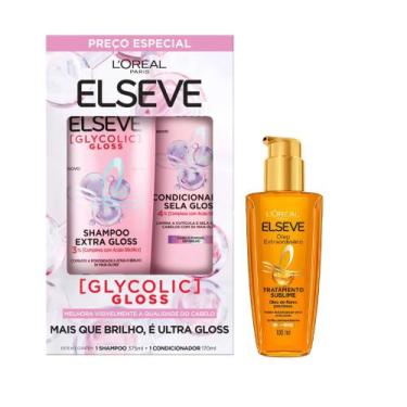 Imagem de Kit Elseve Kit Shampoo 375ml + Condicionador Glycolic Gloss 170ml + Ól