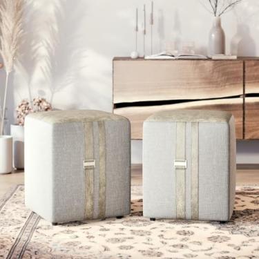 Imagem de Conjunto de Puffs Banqueta Couro Linho Quadrado 45X35 - Domus - Loja Inova BR (Cinza)