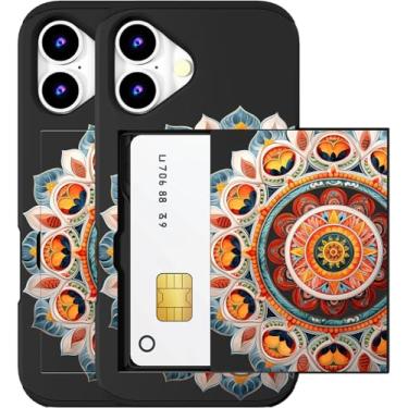 Imagem de MUQR Capa compatível com iPhone 16 com suporte de cartão fofo - Design Kawaii, proteção contra quedas de nível militar, capa carteira robusta para mulheres (mandala preta intrincada)
