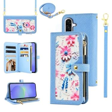 Imagem de Furiet Capa carteira floral para Samsung Galaxy A56 5G com alça de pulso/ombro flip com zíper, suporte de cartão de crédito de couro PU de luxo acessórios para celular A 56 56A LTE feminino azul