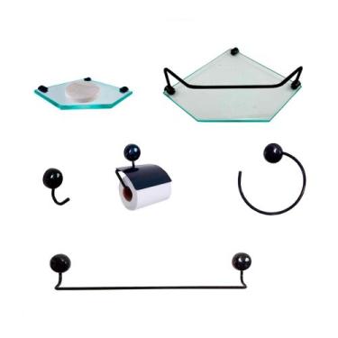 Imagem de Kit Para Banheiro Topázio Luxo Preto Vidro Sextavado Incolor - Landi V