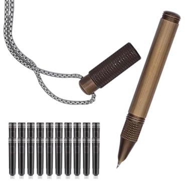Imagem de SIPLIV Caneta pendente de latão (88 mm) com bolso de parágrafo curto, mini caneta de caligrafia de viagem com 20 cartuchos de tinta preta, ponta dobrada