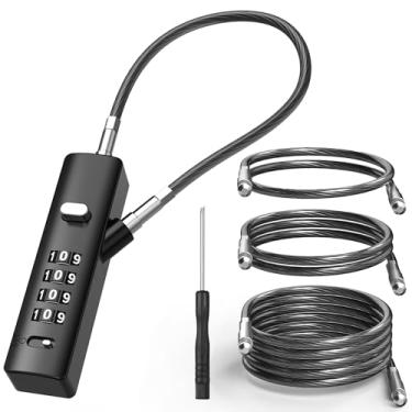 Imagem de I-EASYDWW Cadeado de bagagem de cabo combinado de 4 dígitos com 3 cabos de aço intercambiáveis (23 cm/61 cm/119 cm) – para bicicleta, mochila, academia, armário, portão (preto, 1 pacote)