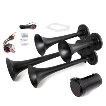 Imagem de AOLIHAN Buzina de caminhão 150dB 4 kit de buzinas de trem trompete para caminhão buzina de ar de 12 V para caminhões, buzinas de trem super barulhentas com compressor para veículo-trem (preto com
