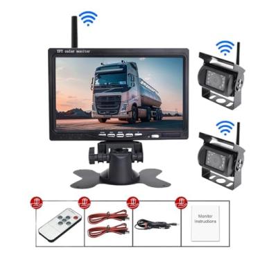 Imagem de Monitor automotivo HD sem fio de 7 polegadas compatível com câmera de visão traseira com visão noturna compatível com caminhão, ônibus, trailer, escavadeira, sistema 12V-24V compatível com à prova d'á