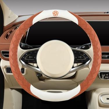 Imagem de Capas de volante de microfibra elástica para mulheres, ajuste universal, carro de 38 cm, linda flor de camélia, antiderrapante, respirável, absorvente (marrom)